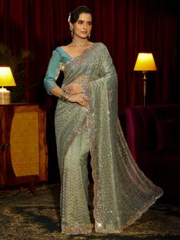 Libas Art - Green Floral Beads Sequin Embellished Saree with Unstitched Blouse