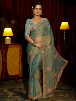 Libas Art - Green Floral Beads Sequin Embellished Saree with Unstitched Blouse