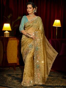 Libas Art - Green Beads Sequin Embellished Saree with Unstitched Blouse