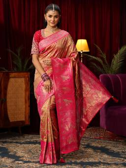 Libas - Pink Ethnic Motif Woven Design Saree with Unstitched Blouse