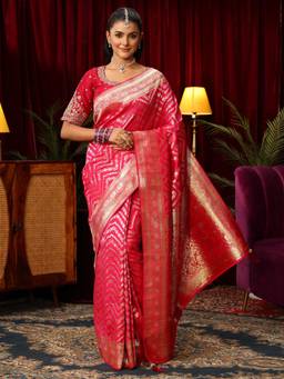 Libas - Pink Zigzag Woven Design Saree With Unstitched Blouse