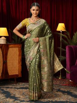 Libas - Green Ethnic Motif Woven Design Saree with Unstitched Blouse