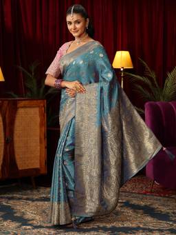 Libas - Blue Ethnic Motif Woven Design Saree with Unstitched Blouse