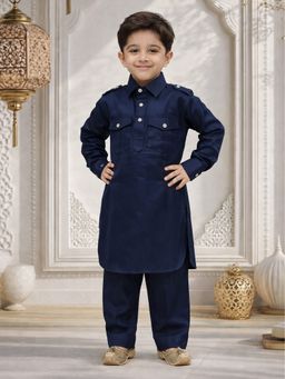 Vastramay - Boys Navy Blue Cotton Pathani Kurta With Patiala
