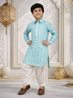 Vastramay - Boys Blue Floral Linen Slub Kurta With Patiala