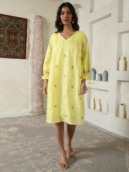 AAVYAM - Tie-sleeves Yellow Floral Dress
