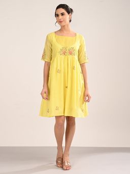 AAVYAM - Yellow Floral Embroidery Dress
