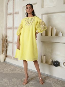 AAVYAM - Lemon Yellow Embroidered Organza Dress