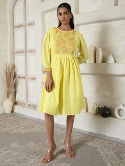 AAVYAM - Lemon Yellow Chanderi Embroidery Dress