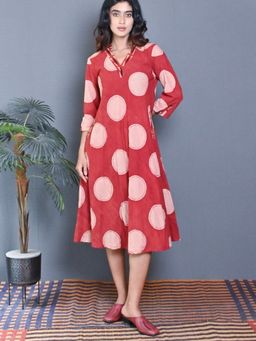 EARTHWEAR - Red Ajrakh Block Printed Bias With Kantha Embroidery Dress