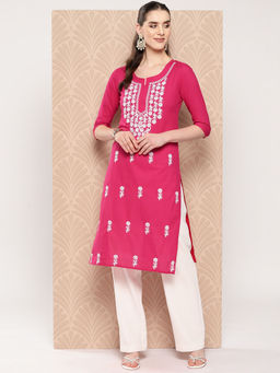 Yufta - Women Hot Pink Chikankari Straight Kurta