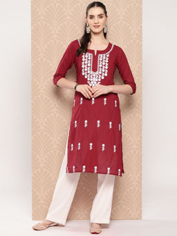 Yufta - Women Maroon Chikankari Straight Kurta
