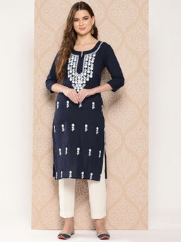Yufta - Women Navy Blue Chikankari Straight Kurta