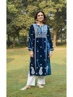 HOUSE OF KARI - Blue Velvet Chikankari Long Kurta