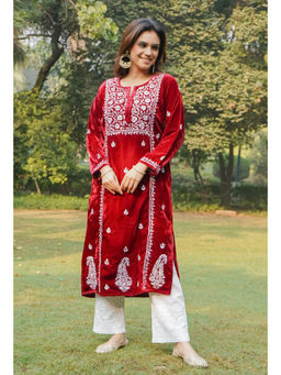 HOUSE OF KARI - Maroon Velvet Chikankari Long Kurta