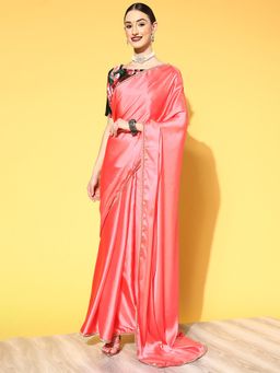 Akhilam - Womens Crepe Coral Solid Designer Saree with Unstitched Blouse