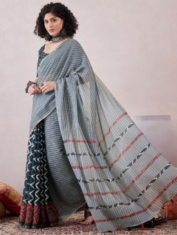 Vaamsi - Women Grey Linen Striped Printed Saree with Unstitched Blouse