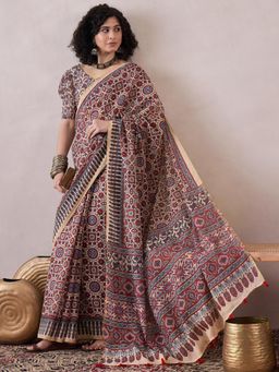 Vaamsi - Women Multi-Color Linen Ajrak Printed Saree with Unstitched Blouse