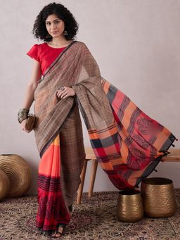Vaamsi - Women Brown Linen Ethnic Motifs Printed Saree with Unstitched Blouse