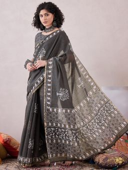 Vaamsi - Women Grey Linen Dabu Printed Saree with Unstitched Blouse