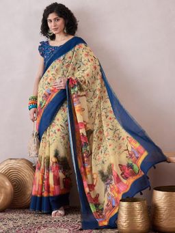 Vaamsi - Women Yellow Linen Floral Printed Saree with Unstitched Blouse