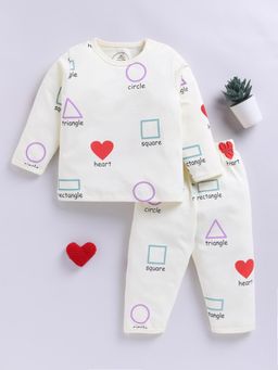 Clt.s - Cream Cotton Knitted Geometric Full Sleeve Sweatshirt With Pyjama