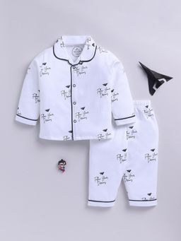 Clt.s - White Cotton Knitted Typography Full Sleeve Shirt With Pyjama