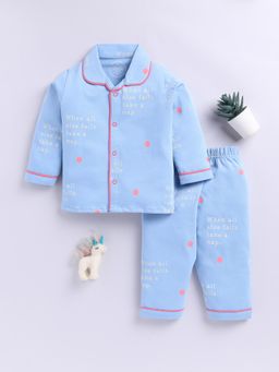 Clt.s - Blue Cotton Knitted Typography Full Sleeve Shirt with Pyjama