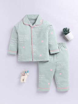 Clt.s - Green Cotton Knitted Typography Full Sleeve Shirt with Pyjama