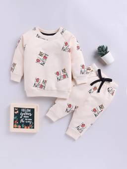 Clt.s - Cream Cotton Knitted Full Sleeve Sweatshirt with Joggers