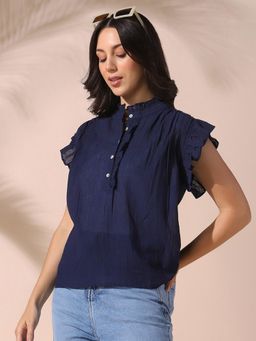 DL WOMAN - Solid Ruffle Top Navy Blue