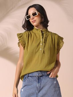 DL WOMAN - Solid Ruffle Top Olive