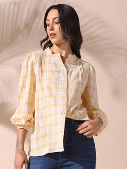 DL WOMAN - Checks Mandarin Collar Full Sleeves Top Yellow