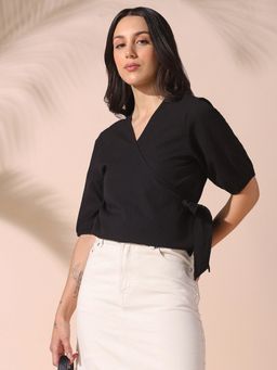 DL WOMAN - Solid V-Neck Half Sleeves Tie-Up Top Black