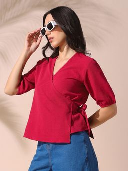 DL WOMAN - Solid V-Neck Half Sleeves Tie-Up Top Pink
