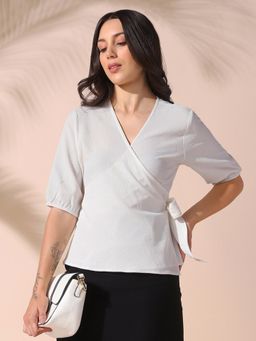 DL WOMAN - Solid V-Neck Half Sleeves Tie-Up Top White