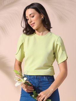 DL WOMAN - Textured Round Neck Half Petal Sleeves Top Green