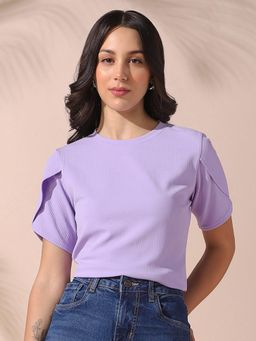 DL WOMAN - Textured Round Neck Half Petal Sleeves Top Lavender