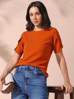 DL WOMAN - Textured Round Neck Half Petal Sleeves Top Rust