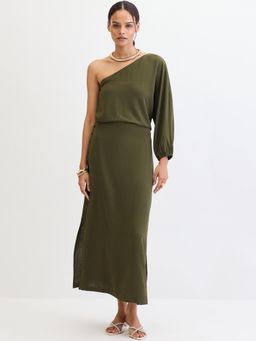 Femmella - Olive One Shoulder Skirt Co-Ord (Set of 2)