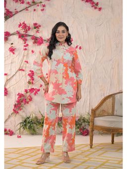 Roohaniyat - Women Cotton Floral Printed Coral Color Co-ord (Set of 2)