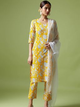 Okhai - Yellow Warm Love Hand Block Printed Kurta Pant Dupatta (Set of 3)