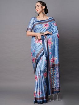 Odette - Blue Festive Dole Silk Printed Saree with Unstitched Blouse