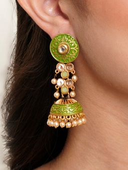 Karatcart - Gold Plated Light Green Meena and Pearl Studded Jhumki Earrings for Women