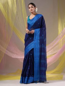 CHARUKRITI - Navy Blue Cotton Handloom Soft Saree with Unstitched Blouse