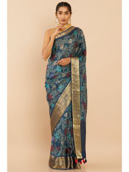 Soch - Women Blue Silk Floral Saree with Unstitched Blouse