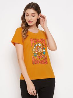 Clovia - Graphic & Text Print Top Mustard Yellow Cotton Rich