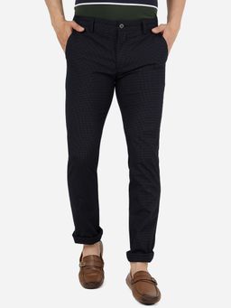 Greenfibre - Men 100% Cotton Print Navy Blue Super Slim Fit Casual Trouser