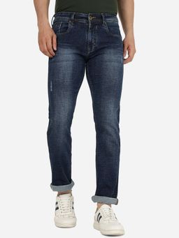 Greenfibre - Men Washed Navy Blue Cotton Stretch Slim Fit Jeans