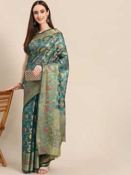 Odette - Blue Woven Organza Saree with Unstitched Blouse